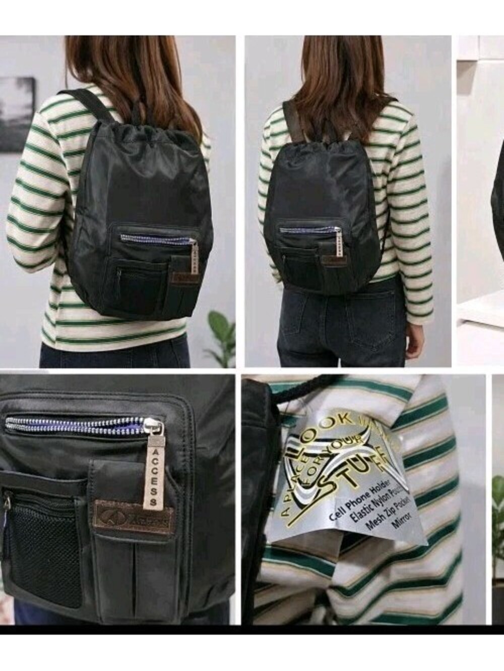 Vintage ACCESS Black Vinyl Backpack Daypack Cell Phone Holder Mesh Pocket NWT